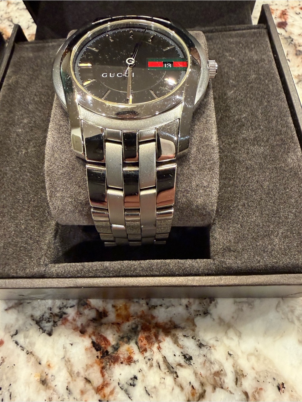 Gucci Men's Stainless Steel Watch with Black Dial and Red-Green Stripe
